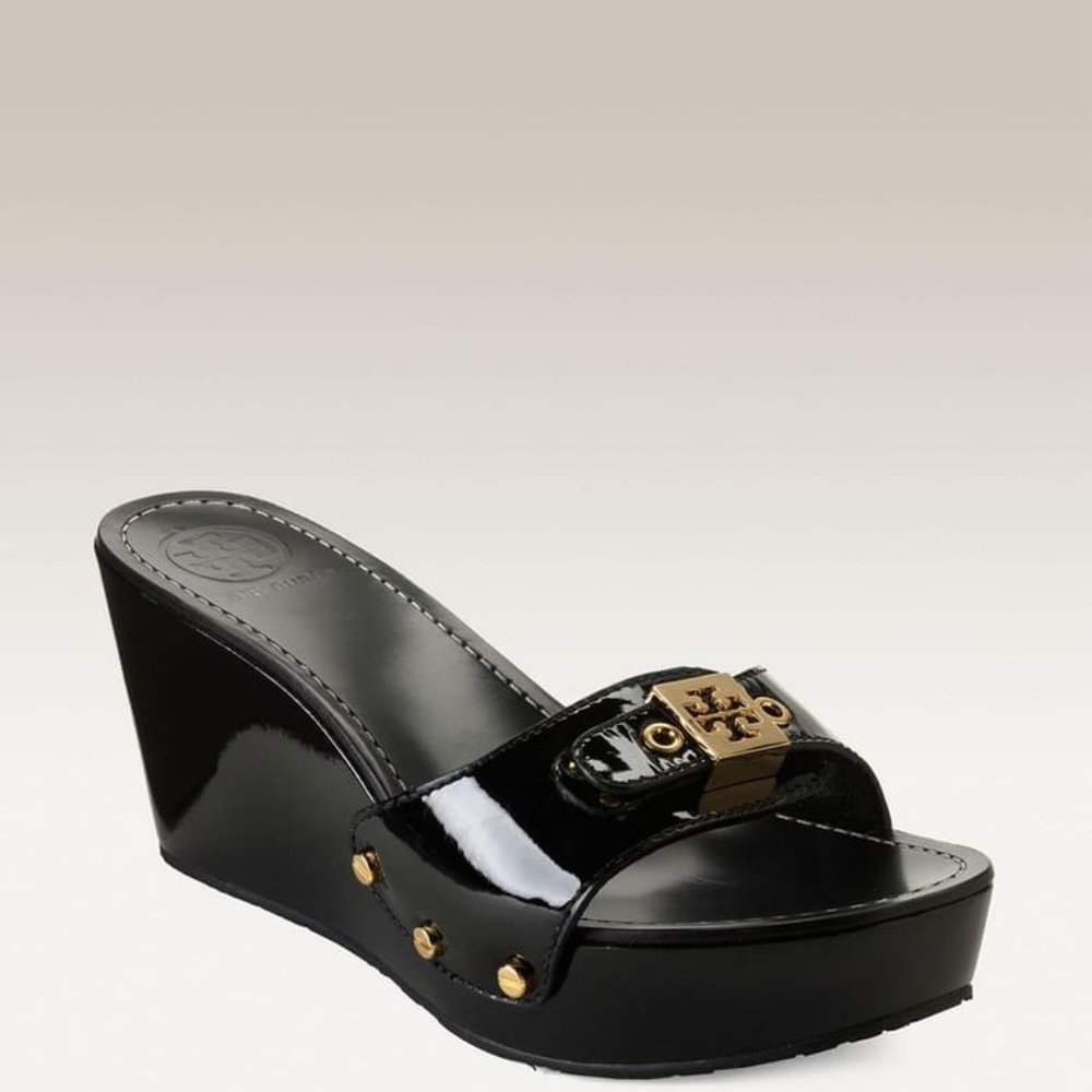 Tory Burch Black Patent Wedge Slides
